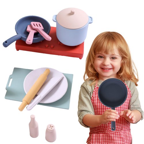 Silicone Play Kitchen Toys Set, Educational Kids Kitchen Silicone Pretend Toys, Play Kitchen Accesories Set with Cookware, Pots, Seasoning Bottles, Kitchen Playset for Children Toddler