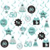 Happy 50th Birthday Party Hanging Swirls Streams Ceiling Decorations, Celebration 50th Foil Hanging Swirls with Cutouts for 50 Years Teal Silver Black Blue Birthday Party Decorations Supplies
