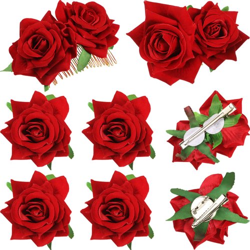 6 Pcs Rose Hair Clip Flower Hairpin Rose Flower Hair Clip Comb Flower Hairpin Rose Brooch Floral Clips Women Rose Flower Hair Accessories Wedding Hair Clip Flamenco Dancer for Women(Red)
