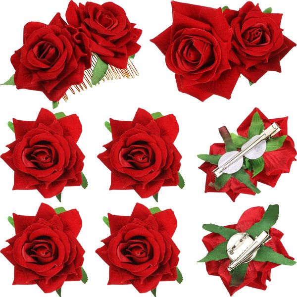 6 Pcs Rose Hair Clip Flower Hairpin Rose Flower Hair Clip Comb Flower Hairpin Rose Brooch Floral Clips Women Rose Flower Hair Accessories Wedding Hair Clip Flamenco Dancer for Women(Red)