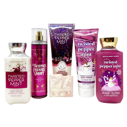 Bath & Body Works Twisted Peppermint - Deluxe Gift Set - Fine Fragrance Mist, Body Cream, Shower Gel, Body Lotion and Confetti Moisturizing Body Wash With a Himalayan Salts Springs Sample Soap.