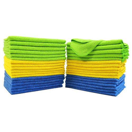 POLYTE Microfiber Cleaning Cloth, 12 x 16 in, Blue, Green, Yellow, 36 Pack