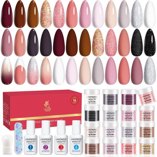 Lavender Violets 22 Pcs Dip Powder Nail Kit Starter - 16 Colors Nude Pinkish Brown Skin Tone Dipping Powder Liquid Set with Base Top Coat, Activator, Brush Saver, Nail Buffer and Powder Brush M960B