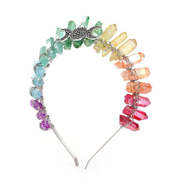 Bubbmi Boho Crystal Crown Headband, Natural Quartz Rhinestone Tiara Bride Headpiece Women Girls for Wiccan Cosplay Wedding Parties Photography