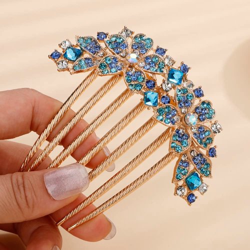 Missgrace Boho Prom Party Shiny Flower Floral Hair Combs Blue Pink Purple Bridal Wedding Hair Crystal Rhinestones Women Hair Side Combs Hair Accessories for Women (Blue)