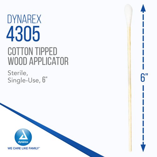 Dynarex 6-Inch Sterile Cotton Tipped Applicators - Single-Use Wooden Cotton Tip Applicators for Wound Care & Dressing, Hygiene, Make Up, Cleaning Tools, Jewelry - 1 Box of 200 Pouches, 2 per Pouch
