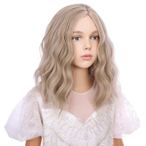 WAVELNM Blonde Wigs for Kids Child Short Dirty Blonde Curly Wavy Wig Girls Ash Blonde Side Part Bob Wigs Synthetic Wig with Wig Cap