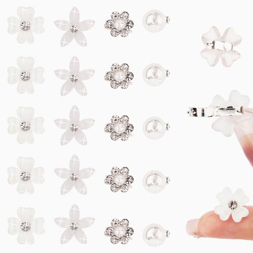 Ahoney 20Pcs Mini Clips for Hair White Flower Hair Clips with Rhinestone Cute Flower Girl Hair Accessory Decorations Hair Clips for Wedding Hair Barrettes Bridal for Girls Women (White)