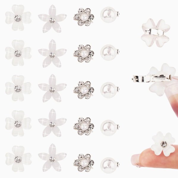 Ahoney 20Pcs Mini Clips for Hair White Flower Hair Clips with Rhinestone Cute Flower Girl Hair Accessory Decorations Hair Clips for Wedding Hair Barrettes Bridal for Girls Women (White)