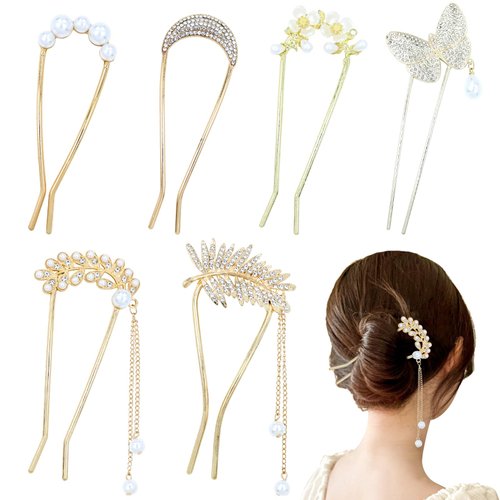 Lawie 6 Pieces Fancy Cute Flower Leaf Moon U Shaped Gold Metal Hair Fork Pins Wide Curved Chopsticks for Hair Sticks French Hair Pins Bun Decorative Accessories for Women Girls