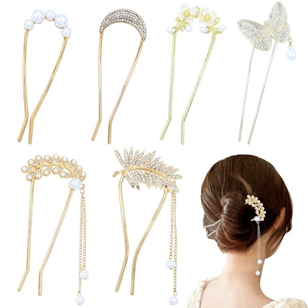 Lawie 6 Pieces Fancy Cute Flower Leaf Moon U Shaped Gold Metal Hair Fork Pins Wide Curved Chopsticks for Hair Sticks French Hair Pins Bun Decorative Accessories for Women Girls