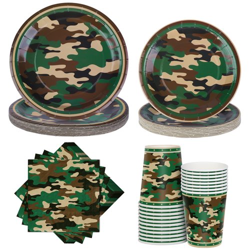 durony 96 Pieces Camouflage Themed Party Supplies Serve 24 Include Dinner Paper Plates Luncheon Napkins Party Cups for Camouflages Hunting Army Military Civil War Party Decorations