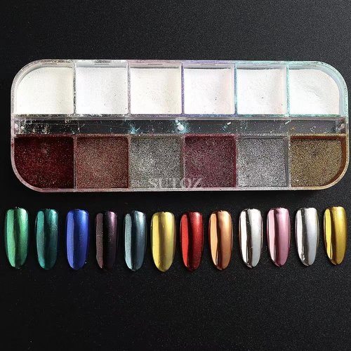 Chrome Nail Powder 12 Colors Gold Silver Metallic Iridescent Mica Nail Chrome Powder Holographic Pearl Nails Powder Mirror Effect Pigment Glitter Aurora Nail Dust Kit for Nail Art Manicure Decoration