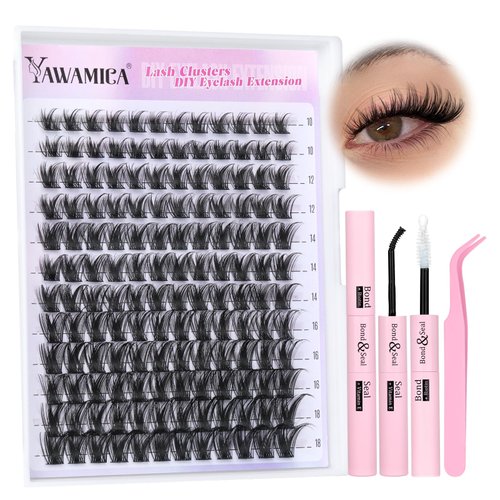 Yawamica Lash Extension Kit Wispy Lash Clusters Kit C Curl Eyelash Clusters 10-18mm Cluster Eyelash Extensions Kit Soft Individual Lashes DIY Lash Kit with Lash Cluster Glue Lash Tweezers by Self