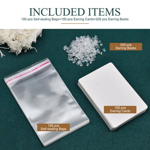 Earring Cards, Set Earring Making Supplies with 100 Pcs Earring Holder Cards 200 Pcs Earring Backs and 100 Jewelry Packaging for Earrings Necklace Jewelry Display, Jewelry Bags 3.5x2.4 Inches (White)