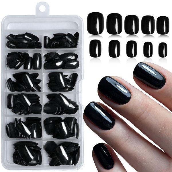 LoveOurHome 240PC Square Press on Nails Short Fake Nail, Short Press on Nails Square Black Glue on Nails Full Cover Artificial Fingernail Girls Kids XS Acrylic Nail Press Nail with Adhesive Tabs