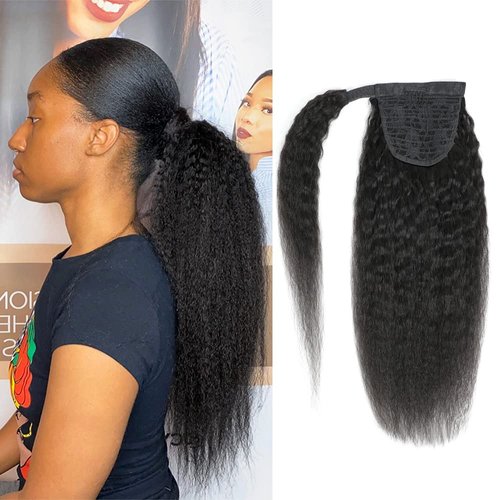 Adette 20 Inches 100% Human Hair Yaki Kinky Straight Ponytail Natural Black Color Wrap Around Ponytail Hair Extensions Magic Paste Ponytail with Comb Clip in Yaki Pony Tails for Black Woman