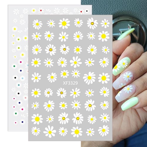 12 Sheets Spring Daisy Nail Art Stickers 3D Self-Adhesive Nail Supplies Flower Leaf Nail Stickers with Nail Design Yellow White Flowers Nail Decals Floral Nail Art Design for Women Girls DIY Nail
