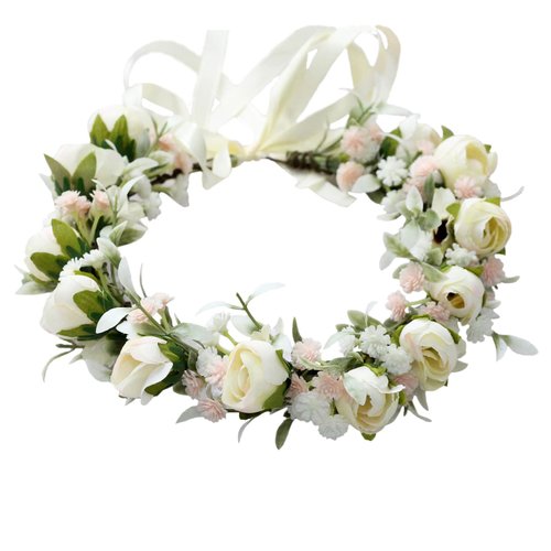 Trepveter Floral Crown, Polyester Rose Flower Crown, Adjustable Floral Headband, Boho Headpiece, Halo, White, 1 Count (Pack of 1), Unisex, for Wedding, Party, Prom, Maternity Photo Props