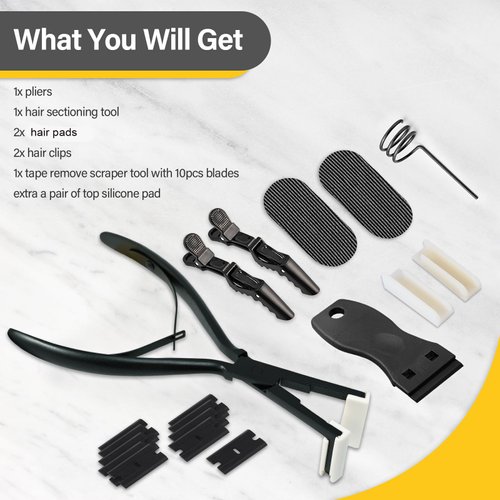 Gomake Tape in Hair Extension Tools Kit with Flat Surface Stainless Steel Tape in Hair Extensions Sealing Clamp Plier,Tape Remover Scraper Tool,Hair Clips, Human Hair Extensions Styling Tools-Black
