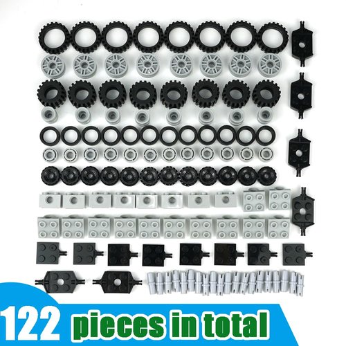 122pcs Wheels and Axles Set, Car Parts Chassis Pieces Tires Building Blocks, Compatible with Classic Bricks Toys