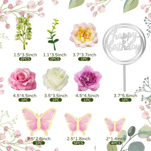 19 PCS Flower Cake Toppers Butterfly Cake Decorations with Artificial Pink Rose Flowers Eucalyptus Butterflies for Girls Birthday Party Wedding Baby Shower Supplies (HOT PINK)