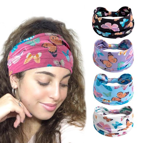 Pemilosci Wide Headbands for Women and Girls - Non-Slip Elastic Sweat Bands for Exercise, Running, Sports & Yoga (Butterfly 5pcs A)