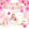 fiintrwa Pink Birthday Decorations, Pink Happy Birthday Banner with Tissue Paper Pom Poms, Hanging Paper Fans Party Decoration /Birthday Party Decorations for Women Girls