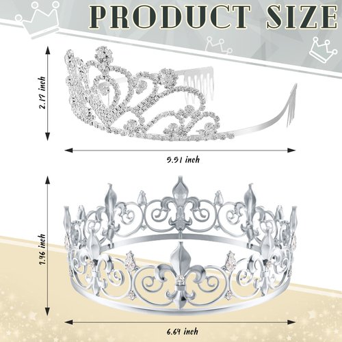 King Crown 2 Pcs Royal King Crown Metal Crystal Tiara Crown for Men Women Bridegroom Bride Princess for Wedding Halloween (Heart Style)