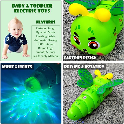 Tipmant Baby Toddler Electric Caterpillar Toy Cute Electronic Vehicle Car Animal Automatic Driving, 360‌° Rotation, Music, Dazzling Light Kids Birthday Gifts