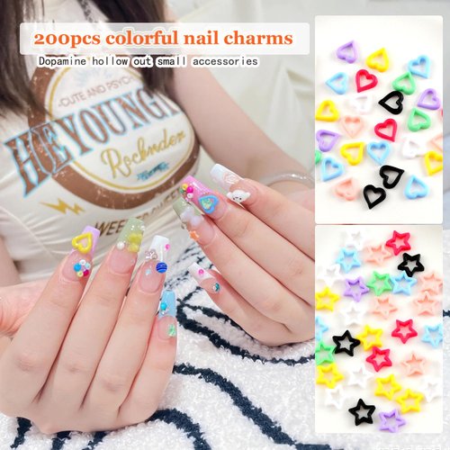 KACHIMOO Kawaii Nail Charms,200 PCS Heart Stars Colorful Resin Nail Art Charm Cute Nail Gems Heart Nail Charms Star charms for Women Girls Nail Decorations
