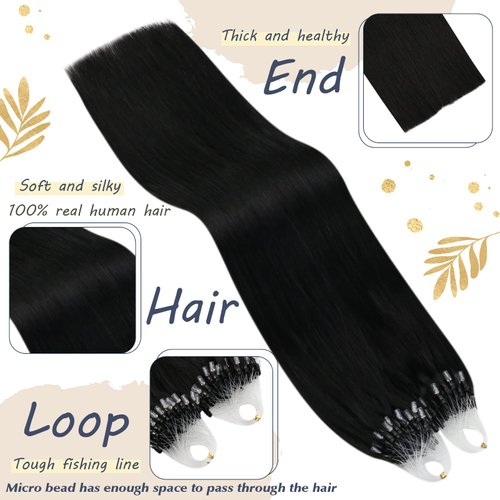Ugeat Micro Ring Hair Extensions Human Hair for Black Women 14 Inch Micro Bead Extensions Remy Hair Extensions 1g/s 50s Jet Black Hair Extensions Real Human Hair Natural Hair Extensions Microlink