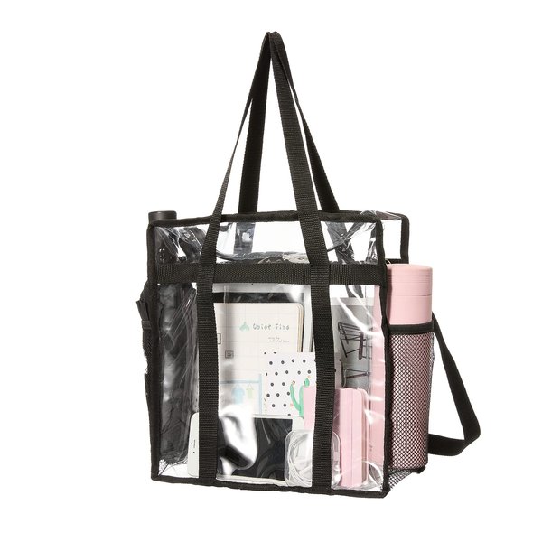 HAOGUAGUA Clear Plastic Tote Bag Stadium Approved, with Handles Net Pockets Adjustable Shoulder Straps, Transparent Shoulder Handbag for Men, Women