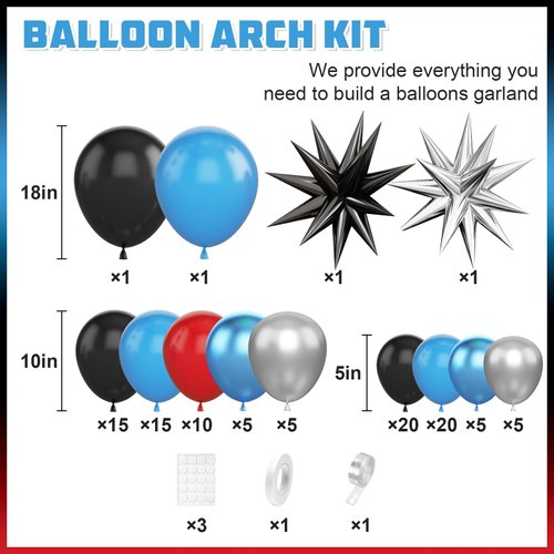 Blue Red Black Balloon Arch,Balloon Garland with Star Foil Balloons Metallic Sliver Balloons for Boys Baby Shower Superhero Spider Theme Birthday Party Decorations