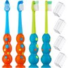 Trueocity Kids Toothbrush 4 Pack - Soft Contoured Bristles - Child Sized Brush Heads (3-10 Year Old) - Suction Cup for Fun & Easy Storage - Girl & Boy Set (Blue & Orange)