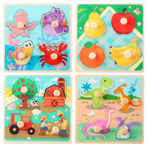 Sunshane Wooden Peg Puzzles (Set of 4) - Farm, Dinosaur, Fruit and Marine Animals, Preschool Learning Toys, Wooden Puzzles for Toddlers 1-3, Great Gift for Kids
