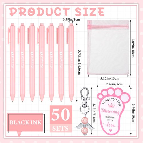 Ctosree 250 Pcs Baby Shower Favors Includes Baby Shower Ballpoint Pens Angel Keychains Organza Bags Thank You Cards for Guest Gifts Baby Shower Gender Reveal Party(Pink, It's a Girl)