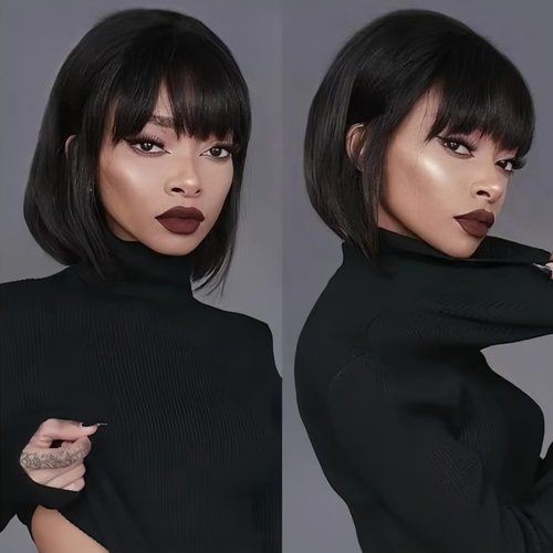 Luolihar Short Straight Bob Wig With Bangs Human Hair Brazilian Virgin Human Hair Wigs for Black Women None Lace Front Wigs Wear and Go Glueless Machine Made Bob Wigs Natural Black 10 Inch