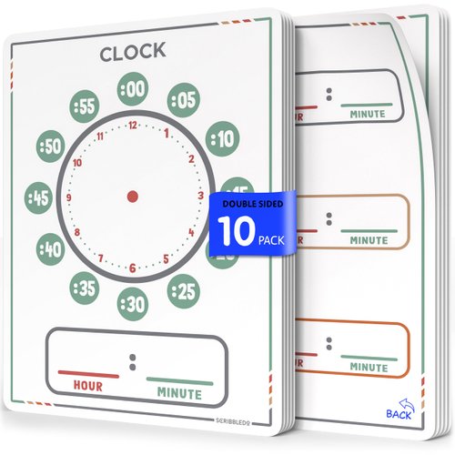 Scribbledo 10 Pack Telling Time Teaching Clock for Kids 9”x12” Learning Clock Dry Erase Sheets Homeschooling Supplies Learn to Tell Time Analog Clock Classroom Pack of 10 Sheets