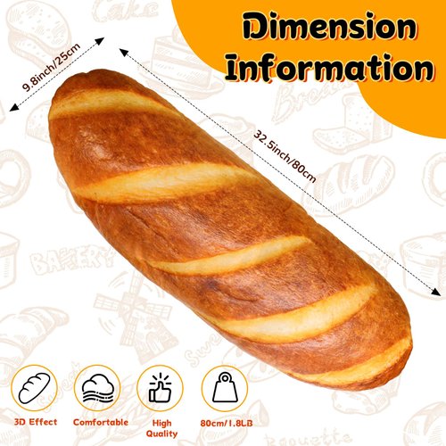 AUECOOME 3D Simulation Bread Plush Pillow Simulation Buttered Bread Pillow Baguette Pillow Funny Body Pillow Food Plush Stuffed Toy for Home Decor (31.5)