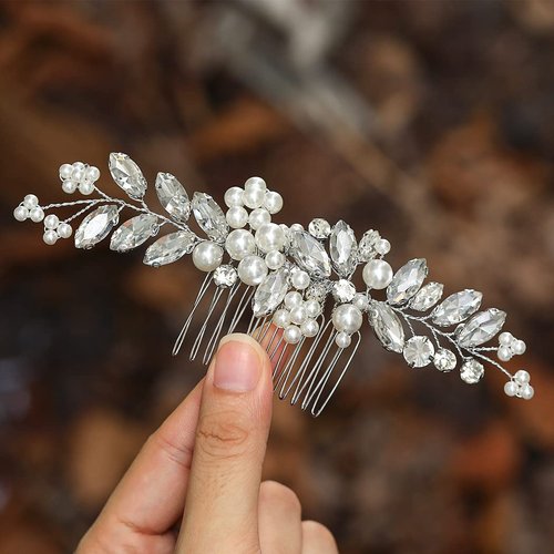Asooll Pearl Bride Wedding Hair Comb Silver Rhinestone Bridal Hair Clips Crystal Hairpieces Hair Accessories for Women and Girls