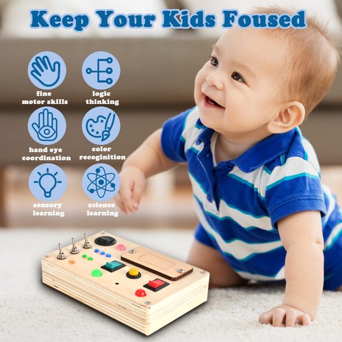 LED Light Switch Busy Board Montessori Toy with Button for Kids, Wooden Control Panel, Activity Sensory Board Fidget Toy for Toddlers 1 2 3 Year Old