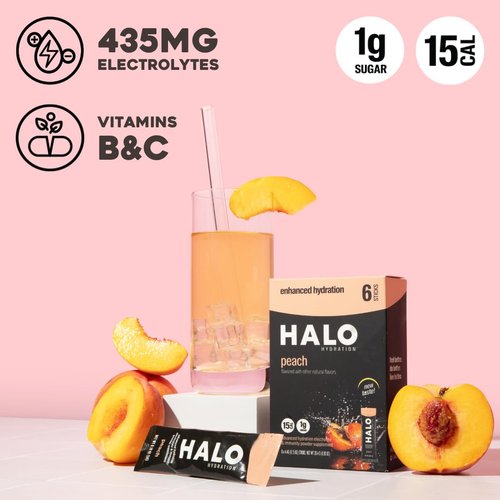 Halo Hydration Electrolyte Powder Packets – Peach - 6 Servings (5g Each) - Organic Hydration Drink with Low Sugar + Essential Vitamins + Minerals - Vegan