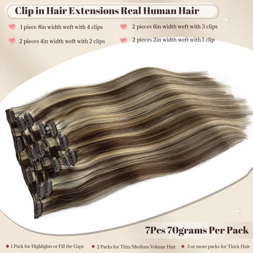 Clip in Hair Extensions Real Human Hair Brown and Blonde Highlights Human Hair Clip in Extensions 18 Inch 7PCS Highlight Medium Brown with Bleach Blonde Remy Hair Extensions Clip in for Women