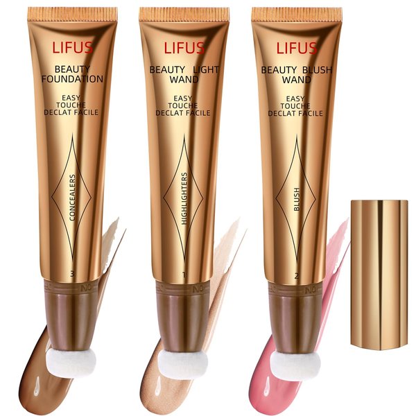LIFUS Beauty Wand Makeup Set - Face Liquid Cream Contour Highlighter Bronzer Blush Stick with Cushion Applicator - Lightweight, blendable, Natural, Long-Lasting, and Easy to Apply