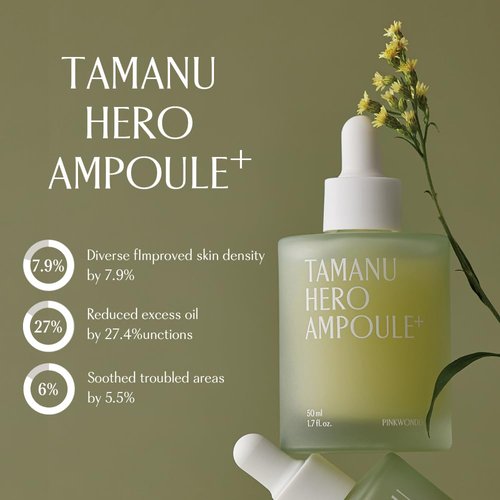PINKWONDER Tamanu Hero Ampoule⁺ 1.69oz (50ml), Tamanu Oil and Green Tea Wate for Acne Treatment, Daily Face Serum with Soothing and Refreshing, Vitamin, Korean Skincare