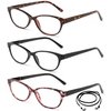 Slim Cat Eye Translucent Tortoise Shell Fashion Reading Glasses for Women 3 Pack with Lanyard +2.00