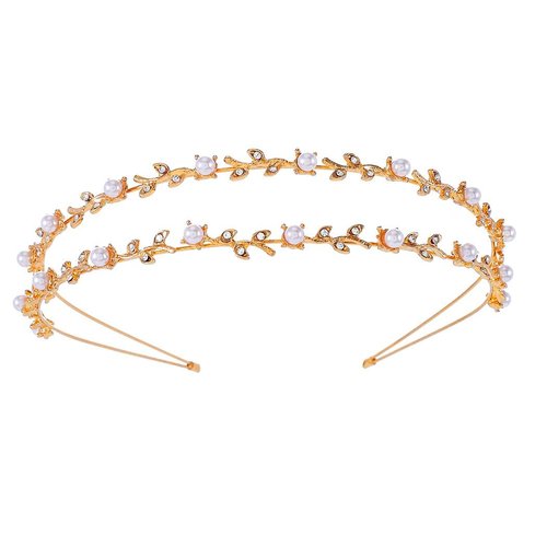 Sinalty Gold Leaf Thin Headbands Double-Layer Pearl Hair Hoop Bling Inlaid Rhinestone Hair Band for Women