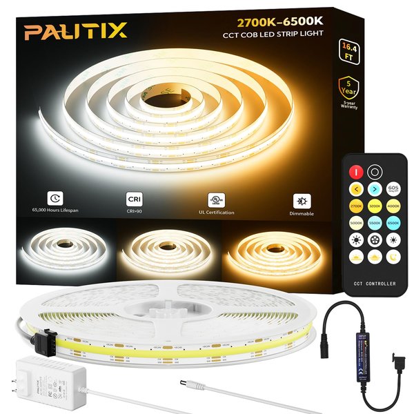 PAUTIX COB LED Strip Light White CCT Tunable 3200LEDs,CRI90+ 16.4ft/5m Dimmable 2700K-6500K 24V LED Tape Lights Kit with UL-Listed Power Supply,for Under Cabinet Bedroom Kitchen TV Mirror DIY Lighting