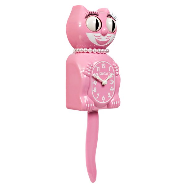 Kit-Cat Klock® Limited Edition Pink Satin Lady with Pearl Necklace - Cat Clock with Moving Eyes & Tail, Battery Operated Wall Clock, Made in USA